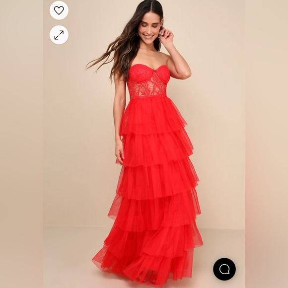 Lulus Radiant Design Red Tulle Lace Strapless Bustier Maxi Dress Size Medium - Picture 3 of 10